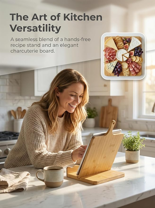Bamboo Cookbook Stand for Kitchen Counter 15.7"x11.8" with Handle, 2-Piece Scalloped Recipe Book Holder with Removable Charcuterie Board, Rustic Kitchen Decor, Gift-Ready Wood Recipe Card Display