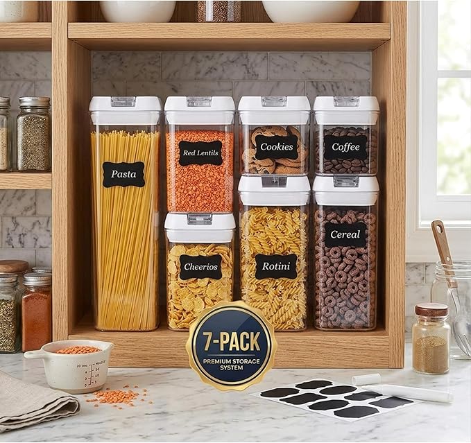 Airtight Food Storage Container Set, 7 Pieces Clear plastic cereal Canisters, easy lock Lids, kitchen pantry organization and storage, BPA free plastic, Included 24 labels & Marker