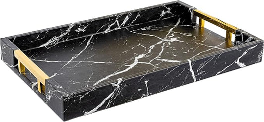 Home Redefined Modern Elegant 17.5"x12" Rectangle Black Marble Faux Leather Decorative Tray Ottoman Coffee Table Perfume Living Room Kitchen Serving Tray with Gold Polished Handles for All Occasion's
