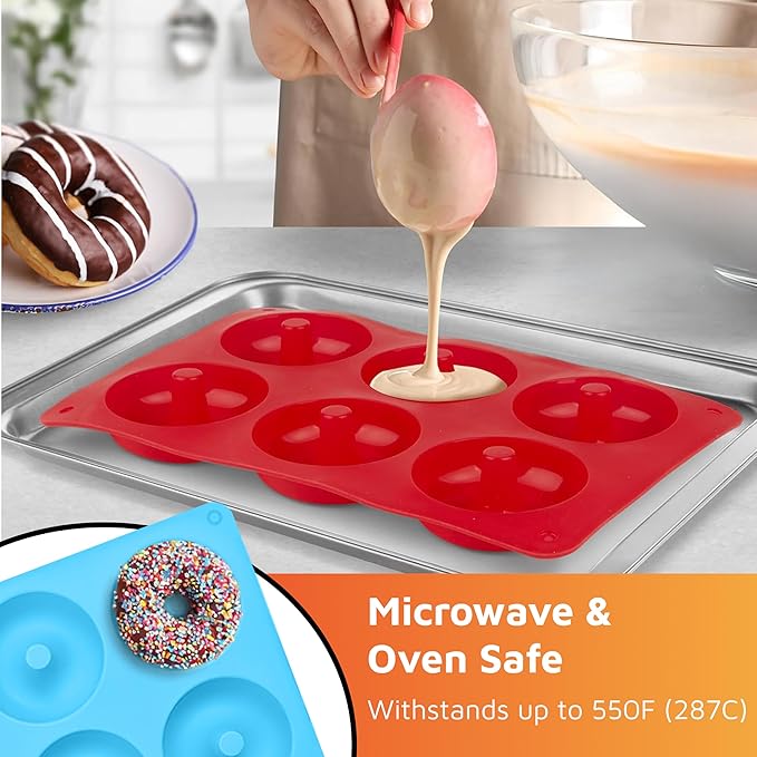 HOTPOP Silicone Donut Molds for Baking – Set of 2 Nonstick Pans (Red, Blue), Makes 12 Donuts – Flexible, Reusable, Dishwasher Safe Molds for Oven – Perfect Donut Mold for Baking Sheets