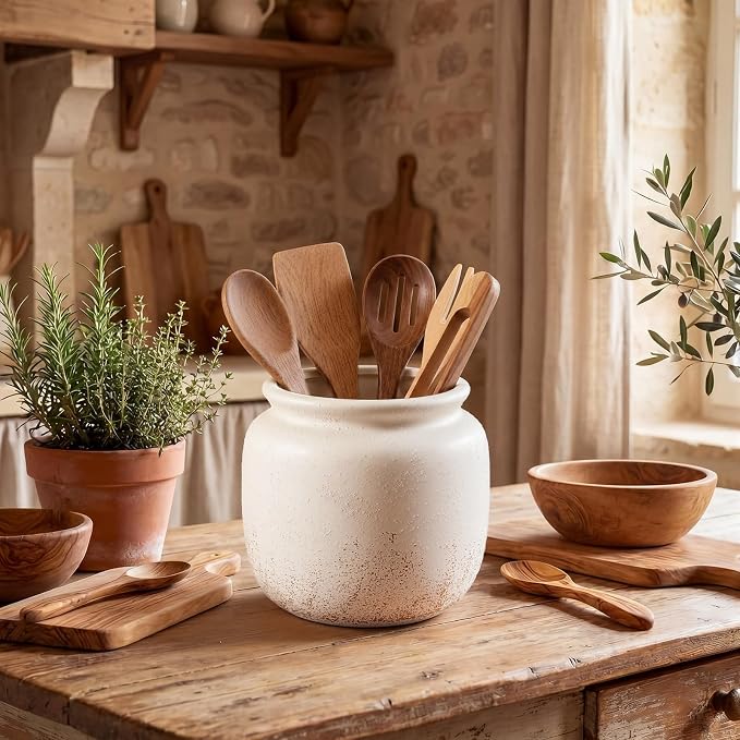 Qinyoung Rustic Kitchen Utensil Holder 6 Inch Small Ceramic Utensil Holder with Handle Vintage Beige Crock Decoration Spatula Organizer for Kitchen Countertop Farmhouse Party Supplies