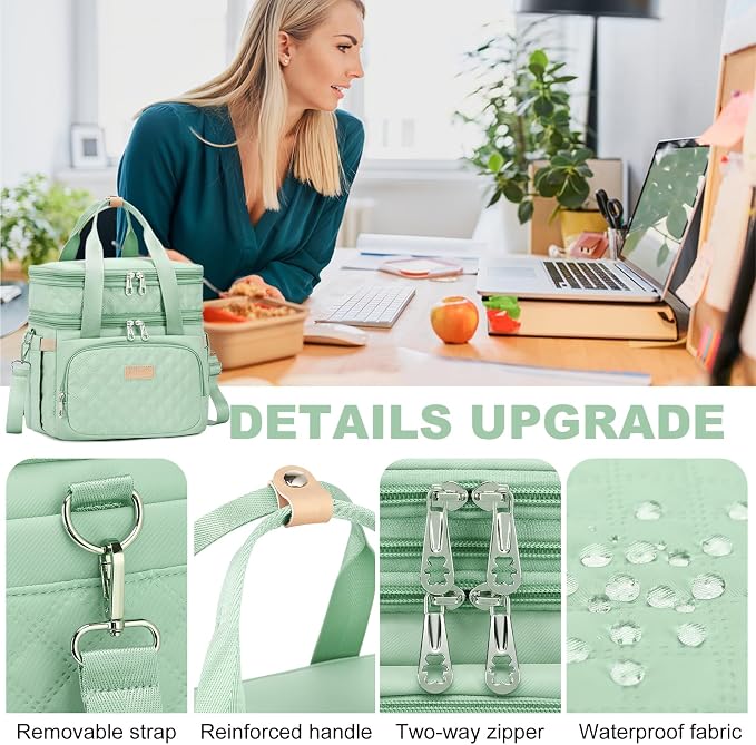 AIJIEKE Insulated Lunch Bag for Women, Large Double Deck Lunch Box for Work, 100% Leakproof Reusable Cooler Tote with Expandable Pockets & Adjustable Strap for Beach, Picnic, Green