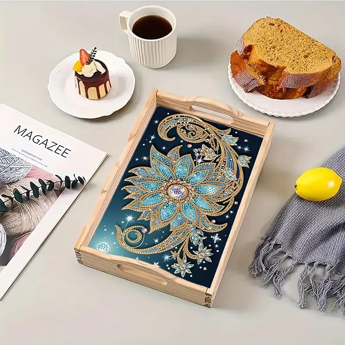 DIY Diamond Serving Tray Rectangular Wooden Breakfast Tray with Handle Handmade Diamond Art Painting Spring Creative Dinner Plate Coffee Room Living Home Organizer-Mandala02