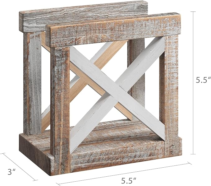 Barnyard Designs Farmhouse Napkin Holder for Table - Vintage Rustic Distressed Wooden Napkin Holder Dispenser for Kitchen, 5.5" x 5.5" (White/Brown)