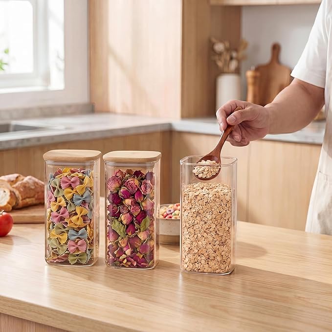 SENTVEND 51 Oz Glass Storage Jars with Bamboo Lids - 3 Pack Clear Glass Canisters Square Airtight Stackable Ideal for Pantry Storage Containers Great for Storing Oats Coffee Beans Pasta Flour Rice etc