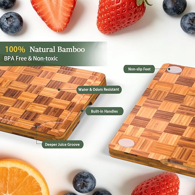 Cutting Board,Heavy Duty Cutting Board Set of 3 with Stand,End Grain Butcher Block Cutting Boards for Kitchen with Juice Grooves and Handles for Meat, Cheese, Charcuterie and Serving