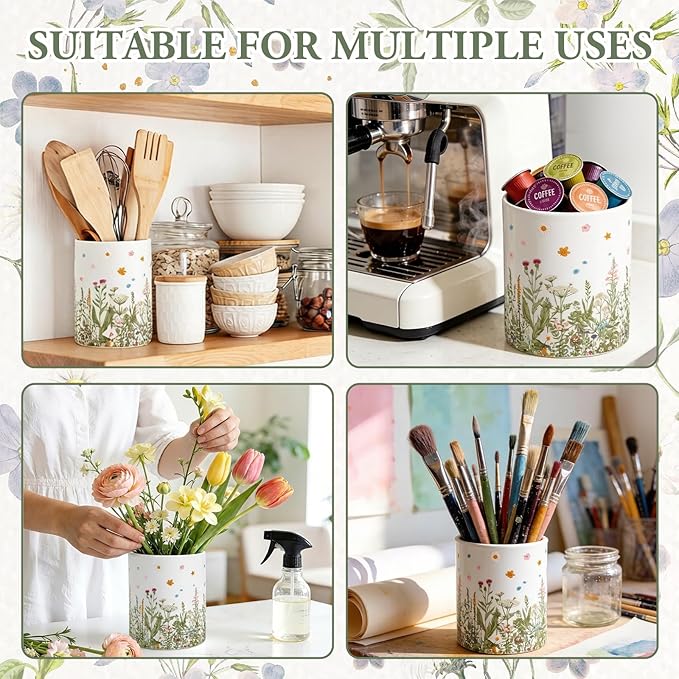 Whaline Wildflower Ceramic Utensil Holder Vintage Wild Floral Utensil Crock for Home Kitchen Countertop Storage Organizer Container