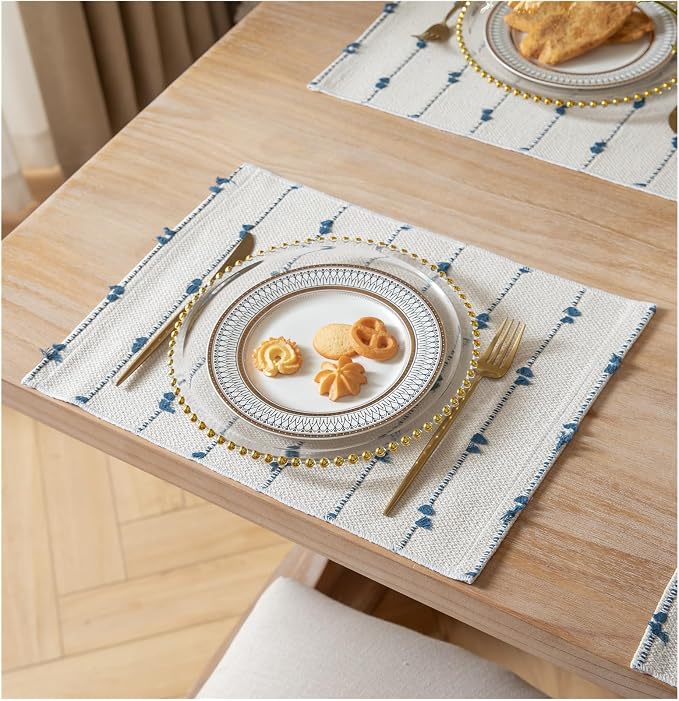 Boho Placemats Set of 6 for Dining Table Decor, Woven Cloth Place Mats for Farmhouse Rustic Kitche Home Decor, Cotton Placemats 13 x 19 Inch, Blue and Beige Table mats