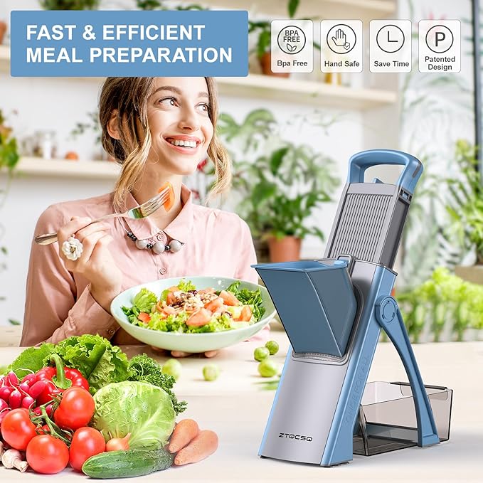 [All in 1] Upgraded Version Safe Mandoline Slicer for Kitchen, Adjustable Thickness. Veggie Slicer, Rapid Prep Mandoline, Detachable Blade, Cleaning Brush (Blue)