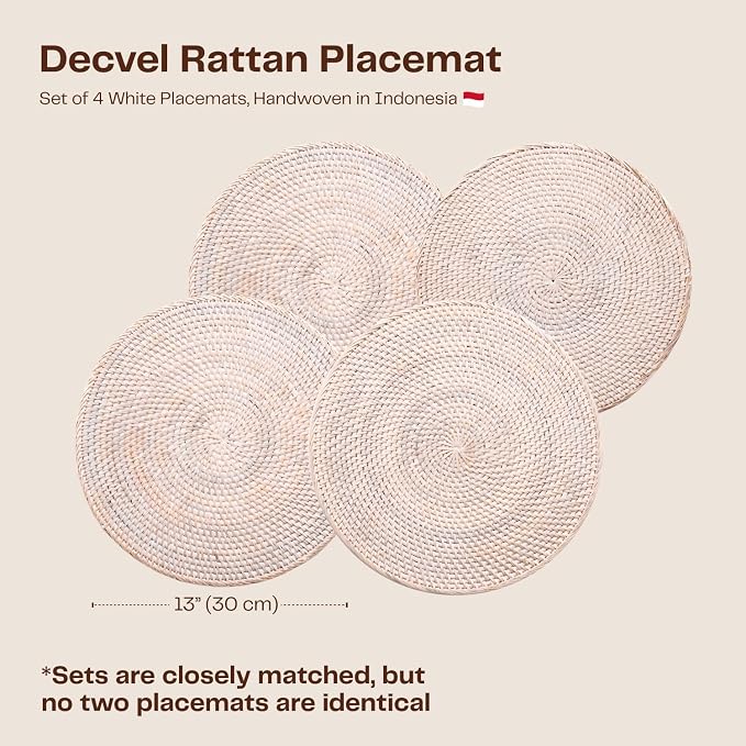 4-Pack Rattan Placemats - 13-inch Round Placemats (Whitewash) - Woven Place Mats, Round Table Mats - Wicker Chargers for Dinner Plates, Plate Chargers Boho