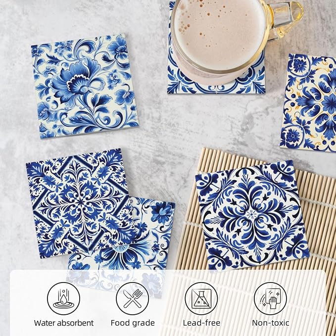 Coaster for Drinks Set of 6, Blue Vintage Spanish Ceramic Floral Absorbent Round Ceramic Stone Mat, with Cork Base and Metal Holder, Gift for Housewarming Room Bar Decor (Azulejo Tile-3)