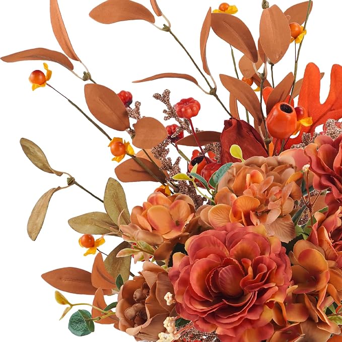 Krissing Artificial Fall Flowers with Metal Pot Faux Autumn Hydrangea Silk Flowers Bouquets with Fall Floral Stems Fall Flowers Arrangements for Table Centerpieces Vase Mantle Home Fall Decor
