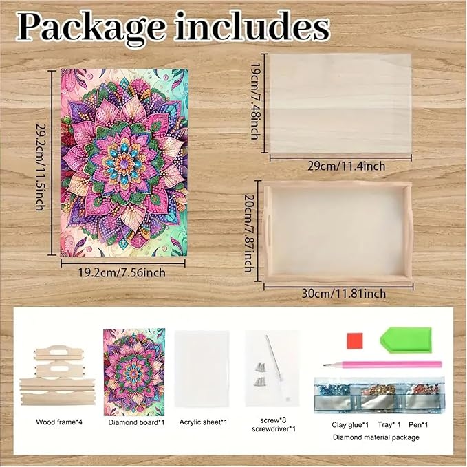 BAYUNOE DIY Diamond Serving Tray Rectangular Breakfast Tray with Handle Handmade Diamond Art Painting Wooden Tray Spring Creative Dinner Plate Coffee Room Living Home Organizer-Mandala