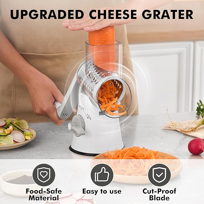 GDL Cheese Grater Hand Crank - Upgraded 6-in-1 Cheese Grater with Handle and Strong Suction Base, Multi-purpose Cheese Shredder Vegetable Slicer Ice Shaver for Potato, Vegetables, Nuts, Chocolate