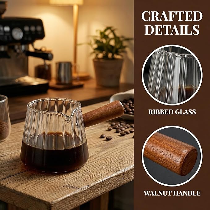 6 Oz Espresso Measuring Cup, Borosilicate Glass Espresso Shot Cup with Wood Handle, Clear Scale and V-Shaped Spout for Coffee, Milk Frothing, Syrup and Tea