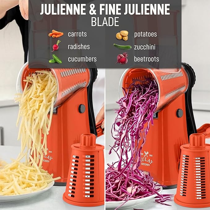 Zulay Kitchen Rotary Cheese Grater 5 Blade Cheese Shredder - Manual Hand Crank Cheese Grater With Reinforced Suction & 5 Interchangeable Drums - Easy to Use, Vegetable Chopper Round Mandoline Slicer