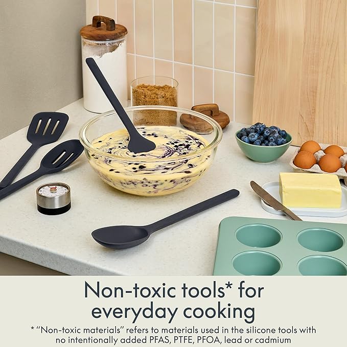 bella 5-Piece Kitchen Tool Set with Magnetic Rack, Silicone, Turner, Spoon, Slotted Spoon, Spatula, Utensil Holder, Magnetic Holder, Non-toxic*, Food-grade, Heat safe to 425°F, Dishwasher Safe, Slate