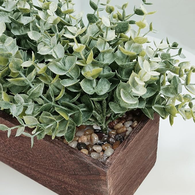 Winlyn 14" Artificial Eucalyptus in Rectangular Wood Planter Box Faux Plants Arrangement Centerpiece Wooden Potted Eucalyptus Plant for Farmhouse Wedding Dining Table Centerpiece Greenery Mantel Décor