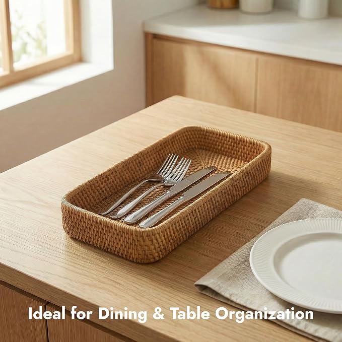 9.8" x 5.3" Rattan Tray, Wicker Decorative Tray, Woven Tray Rectangular, Natural Vanity Tray, Catchall Organizer Storage for Bathroom Kitchen Counter Entryway Coffee Bar Nightstand (Rectangular S)