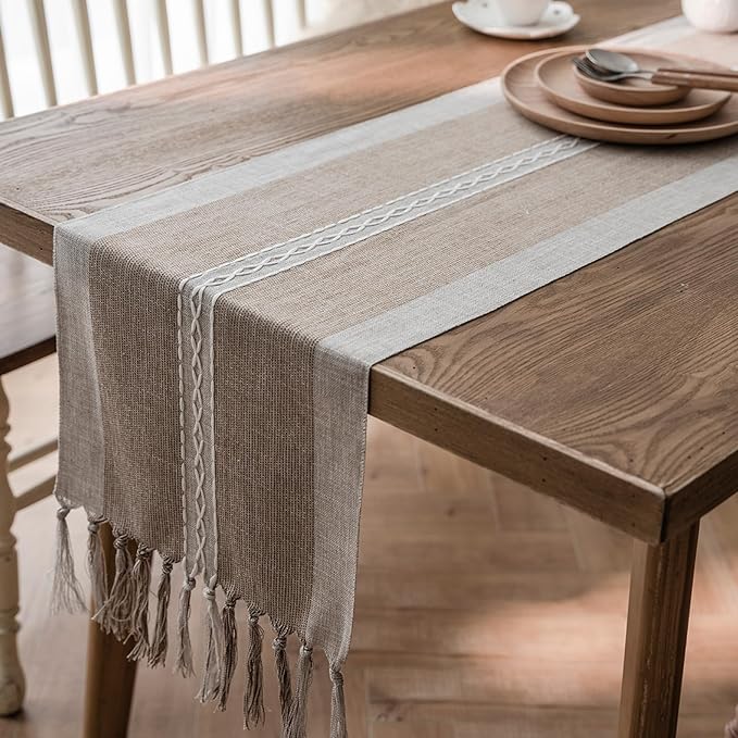 Niviy Farmhouse Table Runner, Embroidered Striped Braided Coffee Boho Table Runner, Cotton Linen Farmhouse Table Decoration for Holiday Party 12 x 120 Inches
