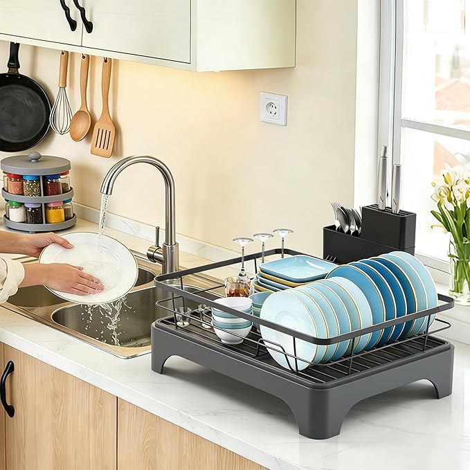 Dish Drying Rack for Kitchen Counter, Dish Rack, Dish Drainer for Kitchen with Built-in Drain, Stainless Steel Sink Organization and Storage Essentials with Cutlery Holder (17" x 13.4", Gray)