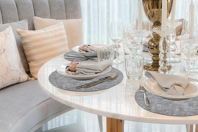 homing Round Faux Leather Placemat and Coaster 6 Packs, Washable Heat Resistant Dining Place Mats, Wipeable Double-Sided Table Mats for Indoor and Outdoor, Diameter 13 and 3.93 inch, Light Grey