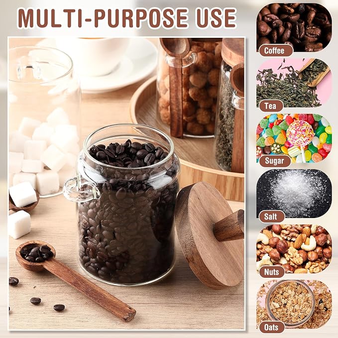 Remerry Set of 6 Glass Jar with Wooden Lid and Spoon, 20 oz Coffee Bean Tea Sugar Jar Set, Clear Airtight Spice Canisters Glass Food Storage Kitchen Containers for Coffee Bean Tea Sugar