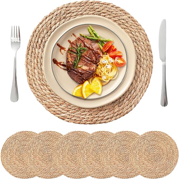 Round Woven Placemats Set of 6, 13.5'' Boho Rattan Chargers for Dinner Plates, Rustic Wicker Place Mats, Straw Braided Table Placemats, for Dining Table Decor, Wedding, Farmhouse and Home Décor