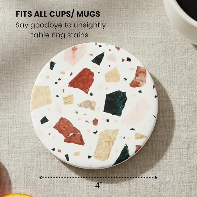 Terrazzo Coasters Set of 6, Ceramic Absorbent Drink Coasters, Cute Mid Century Boho Coaster, Coffee Table Desk Decor, Colorful Stone Coaster for Drinks