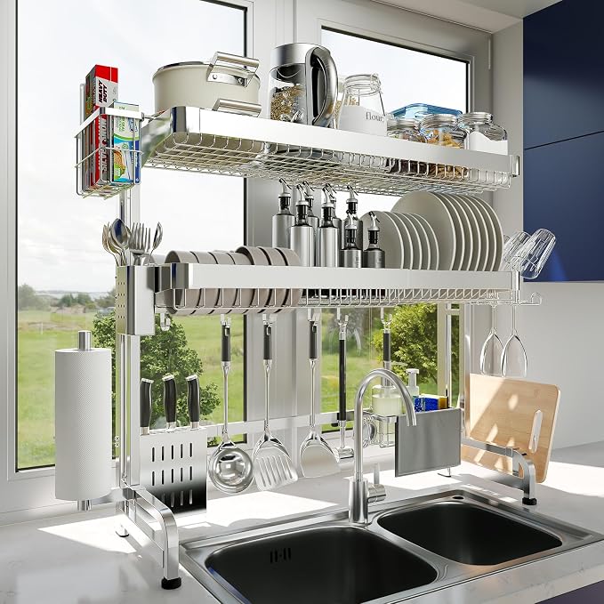 LIVOD Over The Sink Dish Drying Rack,3 Tier Adjustable Length Full Stainless Steel Large Storage Kitchen Dish Rack,for Kitchen Counter Expandable Multifunctional Organizers,Silver (25.5'' to 37.6'')