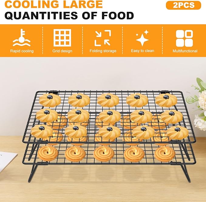 13.4" × 9.4" Stackable Cupcakes Cooling Racks – 2-Pack Nonstick Carbon Steel Baking Racks with Collapsible Legs, Cooking Rack Perfect for Cooking, Roasting, Grilling, Drying & Cooling Cookies