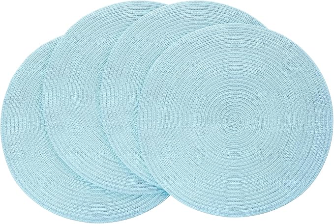 Floroom 15 Inch Round Braided Placemats Set of 4, Washable Heat Resistant Cotton Polyester Circle Place Mats for Kitchen Dining Table - Light Blue