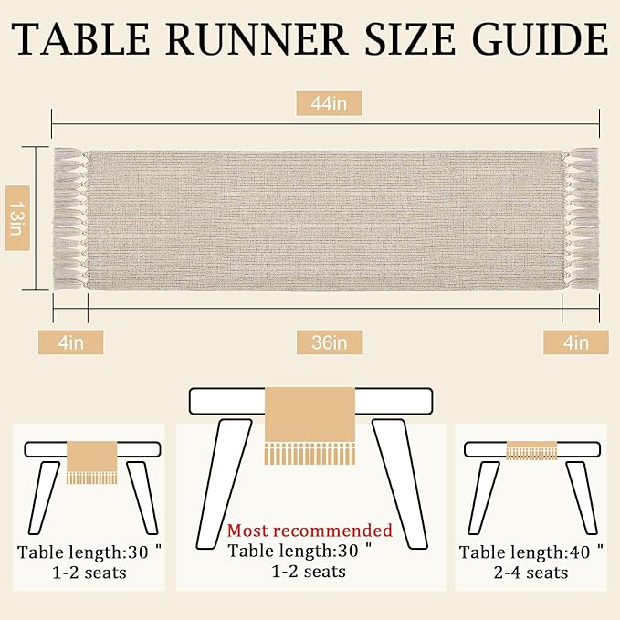 yuboo Boho Dresser Runner for Bedroom 36 Inch, Short Table Runner with Tassels, Small Farmhouse Dresser Top Cover for Nightstand, End Table, Coffee Table, Rustic Beige Bedroom Decor