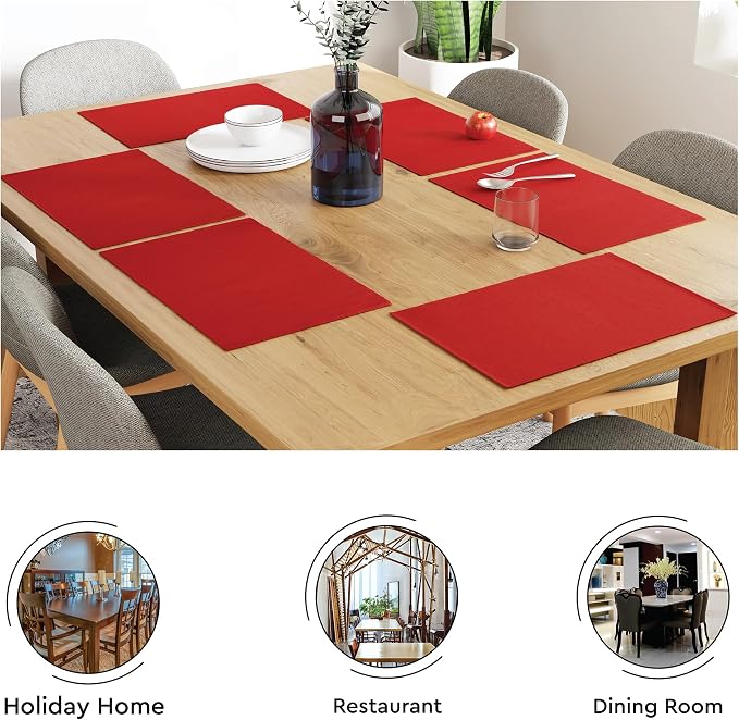 Encasa XO Dining Placemat Set of 6 | Solid Red Color | Fine Ribbed Cotton Table mat | Size 19x13 in | Machine Washable