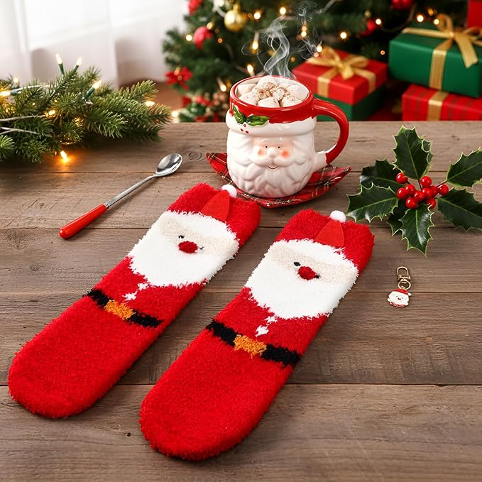 Sliner 4 Pcs Santa Mug Gifts Set Include Christmas Coffee Mugs 17 oz with Red Spoons Funny Winter Fuzzy Socks Mini Santa Claus Keychains Hot Chocolate Cup for Women Men Xmas Holiday Birthday Gifts