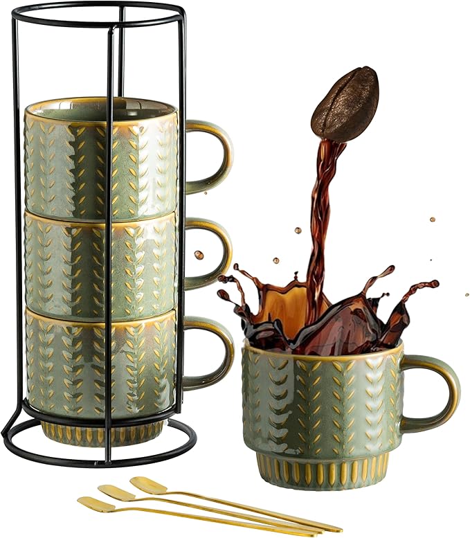 Miamolo Coffee Mugs Set of 4 with Spoons & Rack, Stackable Espresso Cups 13oz Coffee Mug for Drinks Latte Cappuccino Tea, Turkish Coffee Cup for Housewarming Wedding Gift, Dishwasher Safe