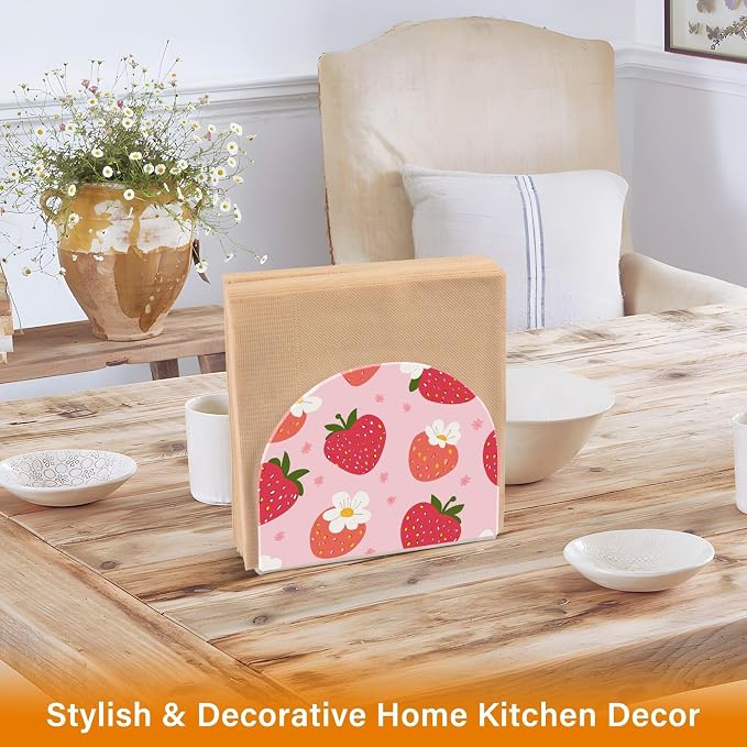 Fustylead Red Strawberry White Floral Pink Napkin Holder for Table Acrylic Vertical Napkin Holders for Paper Napkins Decor Napkin Dispenser for Home Party Dining Cocktail Kitchen Accessories, 2 Pack