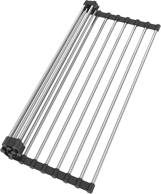 Roll Up Dish Drying Rack for Over Sink -17.5"x11.8" Foldable Stainless Steel Kitchen Drainer, Black