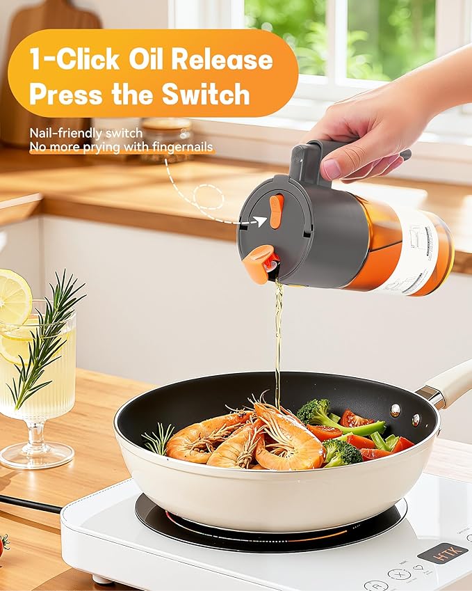 OURCABECUE Upgrade 2 in 1 Oil Sprayer for Cooking, 17oz Light-Blocking Glass Olive Oil Dispenser Bottle for Kitchen,Food-Grade Oil Mister with 8 Stickers for Salad, Frying (Grey)