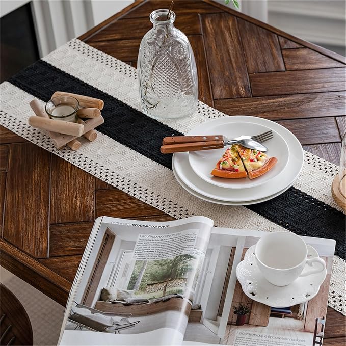 Macrame Table Runner Cream Beige and Black Boho Table Runners with Tassels Hand Woven Cotton Table Runner Rustic Farmhouse Table Runners for Bohemian Kitchen Dining Table(12x48in)