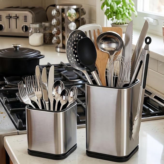 Stainless Steel Utensil Holder Set of 2, Modern Kitchen Tool Caddy Organizer for Countertop, Rust-Proof Cutlery Drying Rack with Drainage Holes, Round Spatula & Whisk Holder