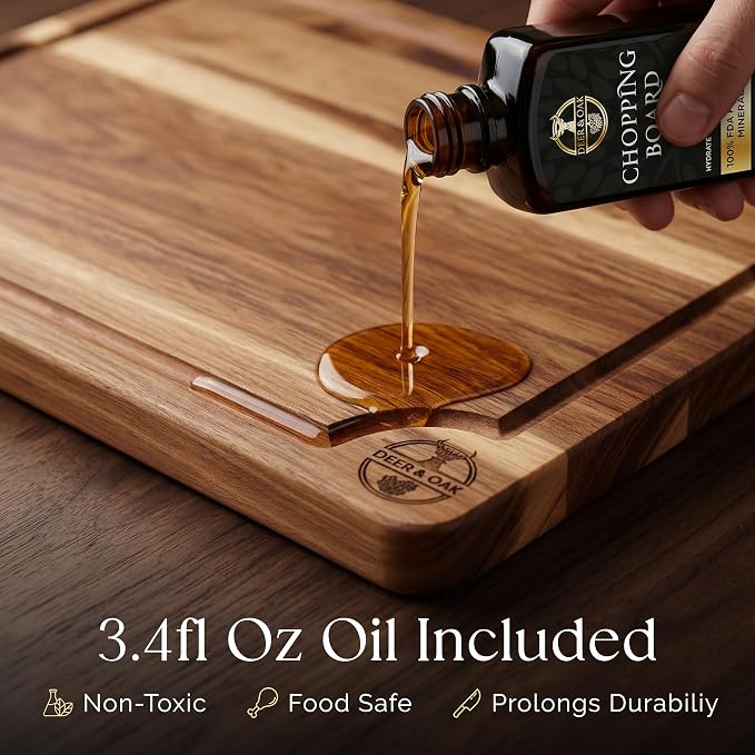 Pre-Oiled, Non Toxic 3-Piece Acacia Cutting Board Set with Stand, FSC Certified Wooden Chopping Boards, Includes 3.4 fl oz Chopping Board Oil, 3 Wood Carving Boards for Home, BBQ Kitchen, Deer & Oak