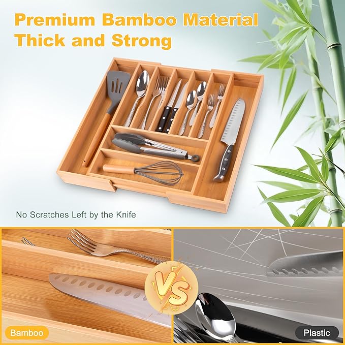 Large Premium Bamboo Silverware Organizer - Expandable Drawer Organizer & Utensil Organizer - 17"x19.7" Cutlery Tray with Dividers for Kitchen Utensils and Flatware (7-9 Slots) (Natural)