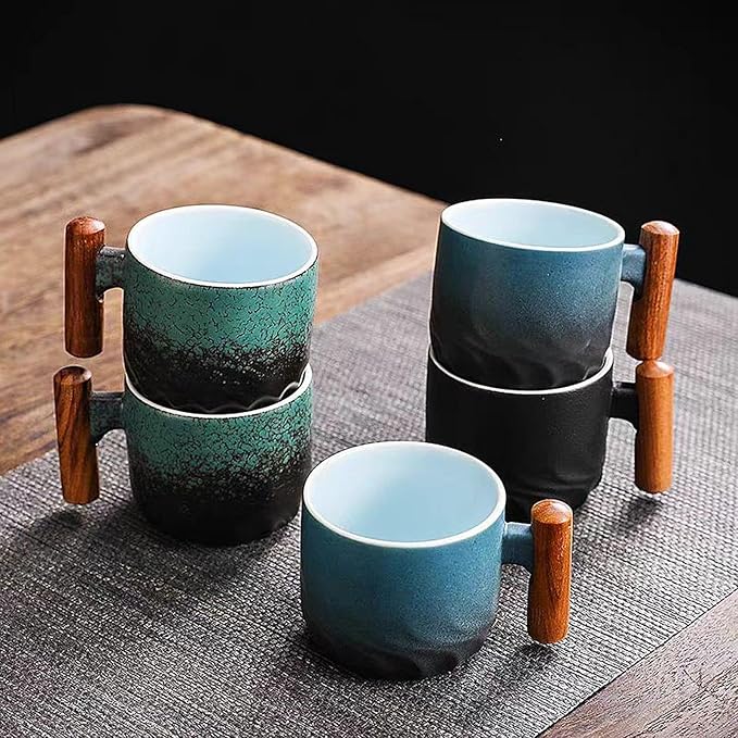 2.5oz Ceramic Espresso Cups with Wooden Handle, Chinese KungFu Tea Cup, Coffee Cups Set of 4 (Multicolor)