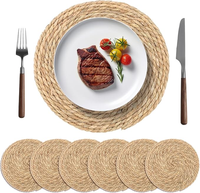 6Pcs Round Woven Placemats - 12 Inch Rattan Non-Slip Wicker Farmhouse Weave Place Mats - Natural Hand Woven Chargers for Dining Table, Home, Wedding