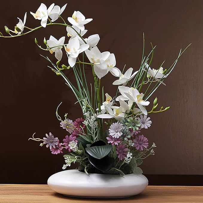 SYDDOL 45 cm Artificial Orchids in Pot, Decorative Orchid Bonsai with Real Touch Technology, Artificial / Fake Orchids that Look Real for Table Decorations (White Flower + White Pot)