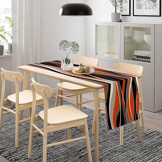 Abstract Modern Geometric Table Runner Orange Black Gray Minimalist Contemporary Geometry Ombre Wave Stripe Dinner Runner for Kitchen Dining Holiday Party Decor 13x90in