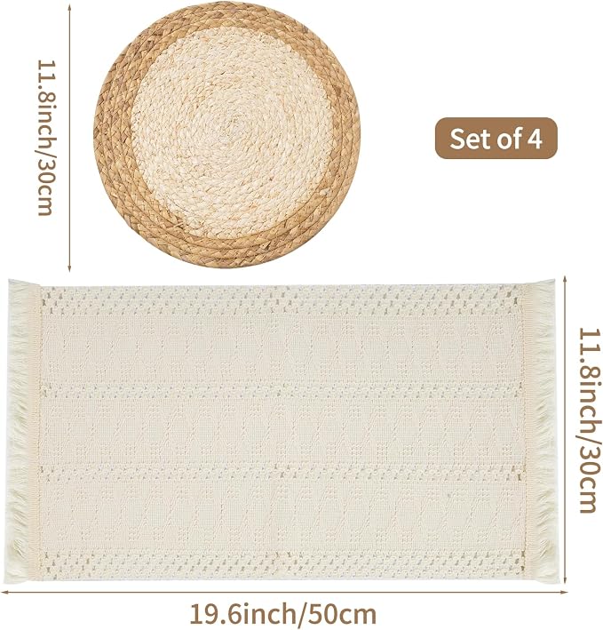 Handmade Boho Placemats Set of 4 | Natural Woven & Fabric Cotton Combo Table Mats | 8-Piece Versatile Place Mats | Rustic Farmhouse Style Dining Table Decor