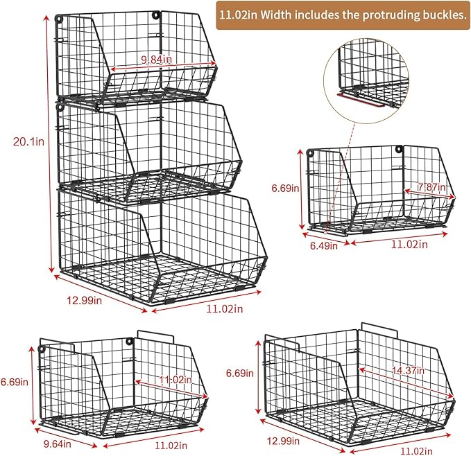 3-Tier Stackable Wire Baskets for Counter, Fruit and Vegetable Storage, Potato and Onion Storage Bin，Kitchen Pantry Organizer - Wall Basket for Produce/Snack/Can, Black
