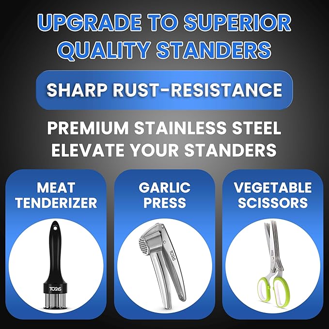 3-in-1 Premium Kitchen Tool Set - Heavy Duty Stainless Steel Garlic Press, Herb Scissors & Meat Tenderizer - Rust-Proof, Dishwasher Safe Cooking Gadgets - Ideal Gift for Home Chefs